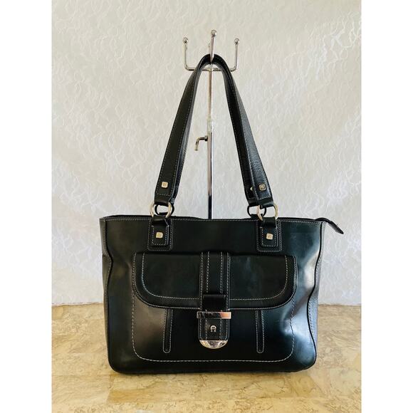 Etienne Aigner Handbags - ETIENNE AIGNER black classic smooth shinny leather shoulder bag tote
